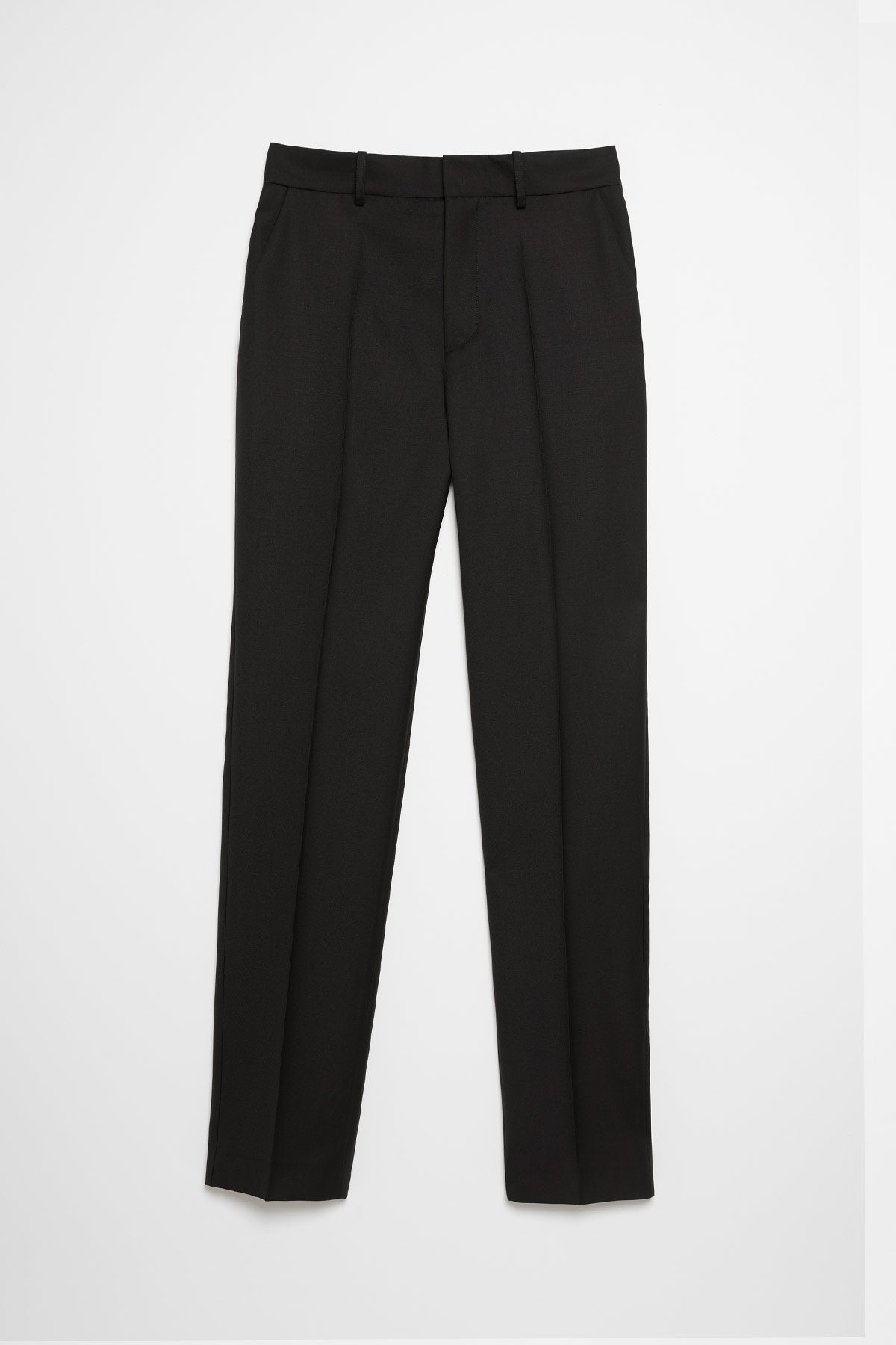 CQFD Classic black suit pants with a slightly wide tapered cut, made of 100% natural Italian virgin wool, respectful of the environment and animals, from US size 4 to 26 and more on request, chic and timeless garment made in France in Paris